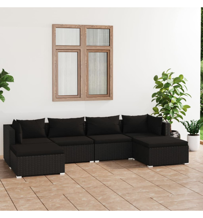 Salon de jardin 6 pcs avec coussins Résine tressée Noir | Mobilier & Déco