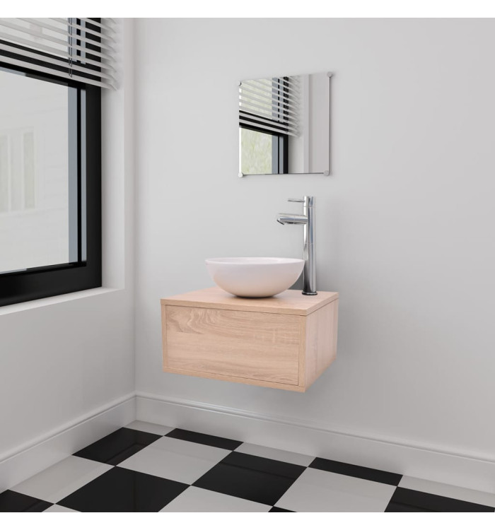 Meuble de salle de bain 4 pcs avec lavabo et robinet Beige | Mobilier & Déco