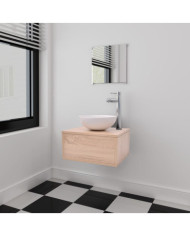 Meuble de salle de bain 4 pcs avec lavabo et robinet Beige | Mobilier & Déco