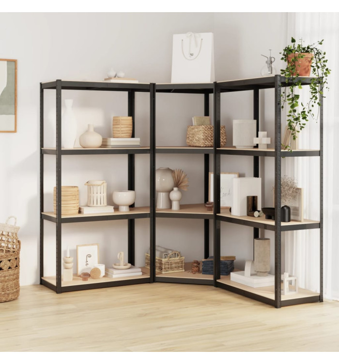 Étagères à 4 niveaux 3pcs Anthracite Acier et bois d'ingénierie | Mobilier & Déco