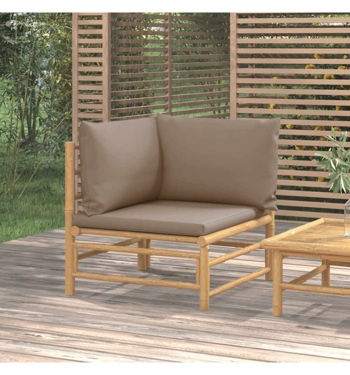 Canapé d'angle de jardin avec coussins taupe bambou | Mobilier & Déco