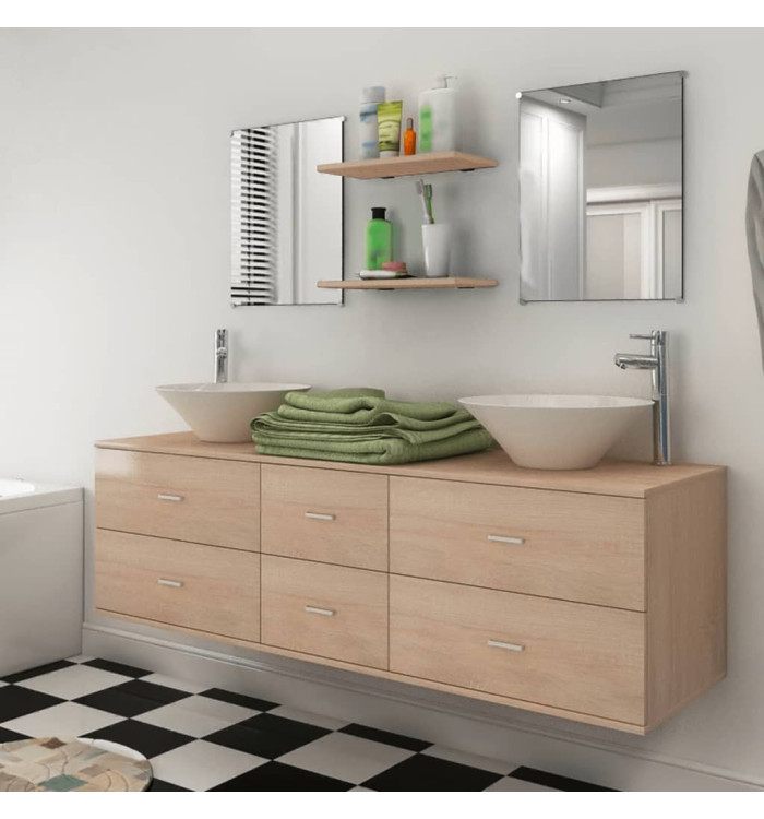 Meuble de salle de bain 9 pcs avec lavabo et robinet Beige | Mobilier & Déco