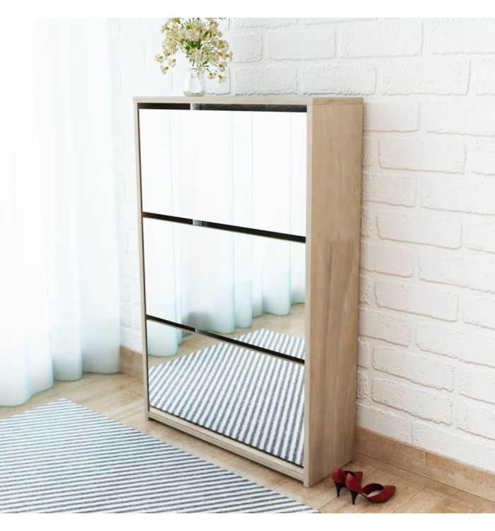 Meuble à chaussures 3 étagères Miroir 63x17x102,5 cm Chêne | Mobilier & Déco