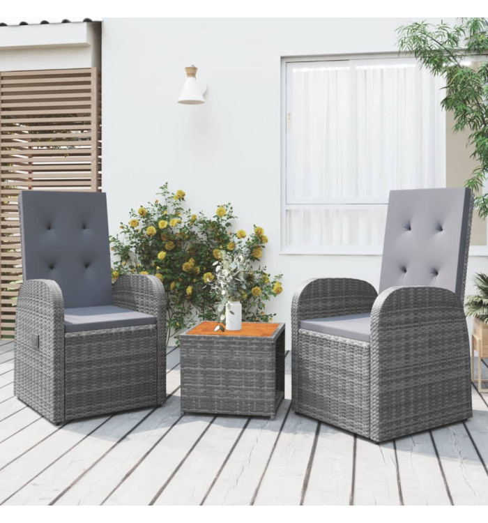 Ensemble de salon de jardin 3 pcs gris poly rotin et acacia | Mobilier & Déco