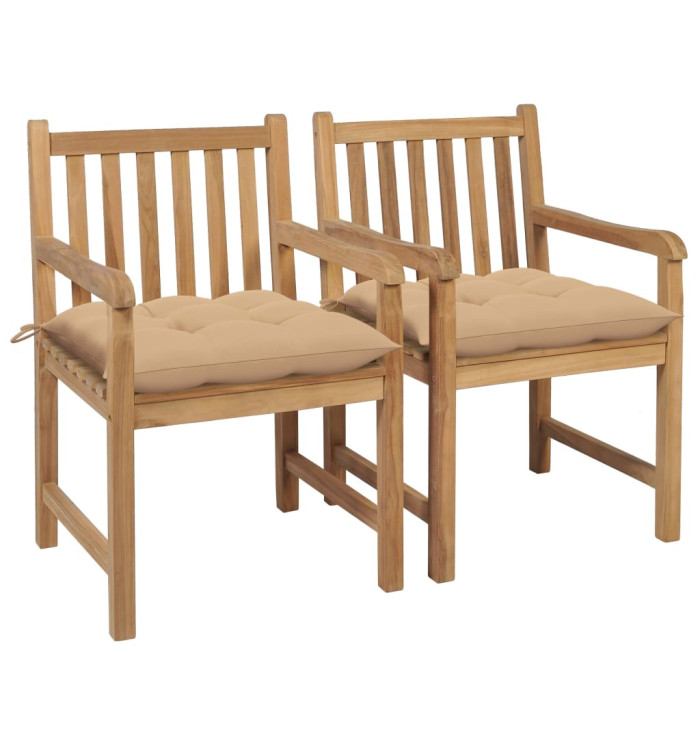 Chaises de jardin lot de 2 et coussins beige Bois teck massif | Mobilier & Déco