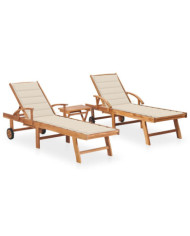 Chaises longues lot de 2 avec table et coussin Bois teck solide | Mobilier & Déco