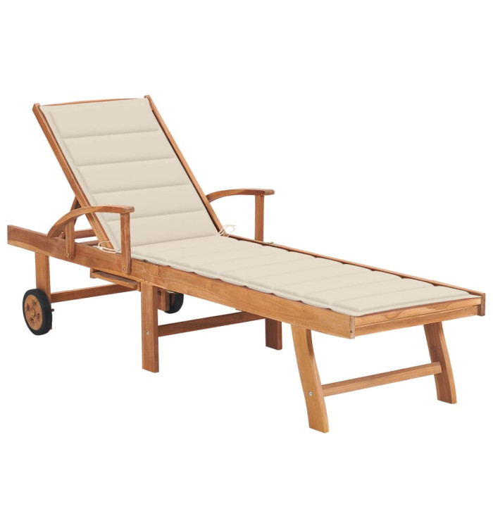 Chaise longue avec coussin crème Bois de teck solide | Mobilier & Déco