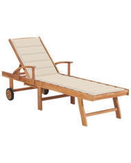 Chaise longue avec coussin crème Bois de teck solide | Mobilier & Déco