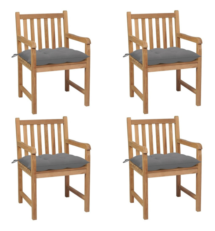 Chaises de jardin lot de 4 et coussins gris Bois de teck solide | Mobilier & Déco