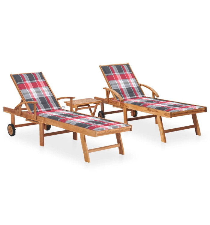 Chaises longues lot de 2 avec table et coussin Bois teck solide | Mobilier & Déco