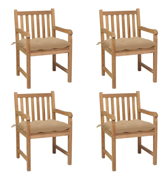 Chaises de jardin lot de 4 et coussins beige bois teck solide | Mobilier & Déco