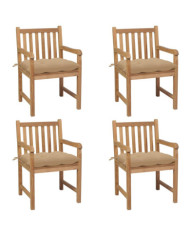 Chaises de jardin lot de 4 et coussins beige bois teck solide | Mobilier & Déco