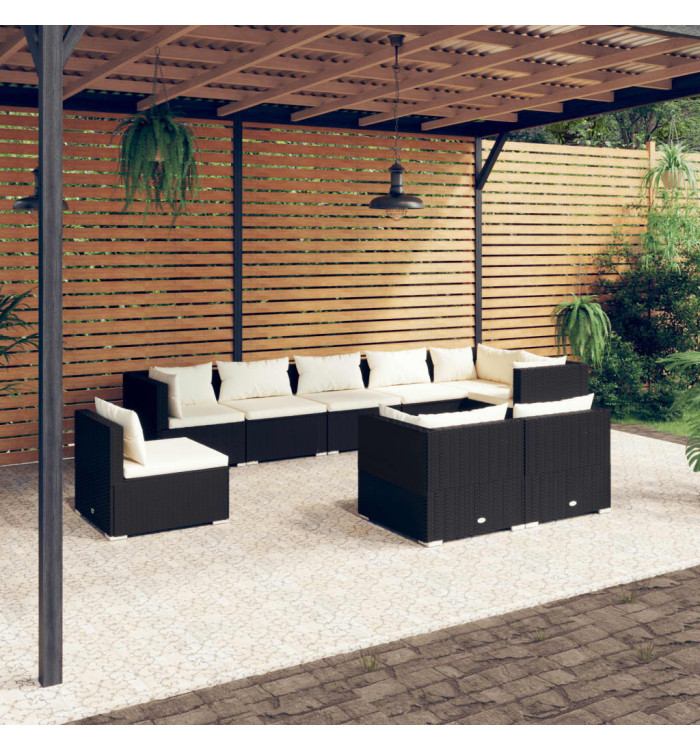 Salon de jardin 9 pcs avec coussins Résine tressée Noir | Mobilier & Déco