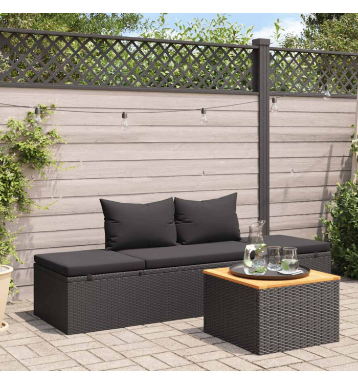 Chaise longue avec coussins Résine tressée Noir | Mobilier & Déco