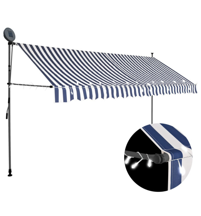 Auvent manuel rétractable avec LED 350 cm Bleu et blanc | Mobilier & Déco
