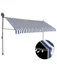 Auvent manuel rétractable avec LED 350 cm Bleu et blanc | Mobilier & Déco
