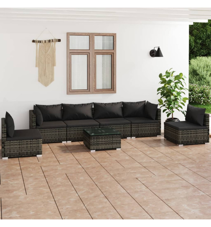 Salon de jardin 7 pcs avec coussins Résine tressée Gris | Mobilier & Déco