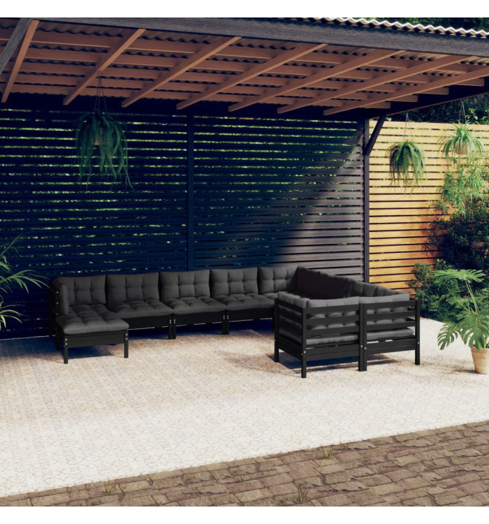 Salon de jardin 10 pcs avec coussins Noir Bois de pin | Mobilier & Déco
