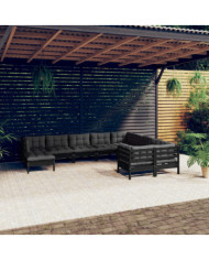 Salon de jardin 10 pcs avec coussins Noir Bois de pin | Mobilier & Déco