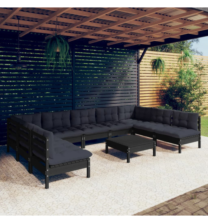 Salon de jardin 10 pcs avec coussins Noir Bois de pin massif | Mobilier & Déco