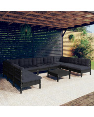 Salon de jardin 10 pcs avec coussins Noir Bois de pin massif | Mobilier & Déco