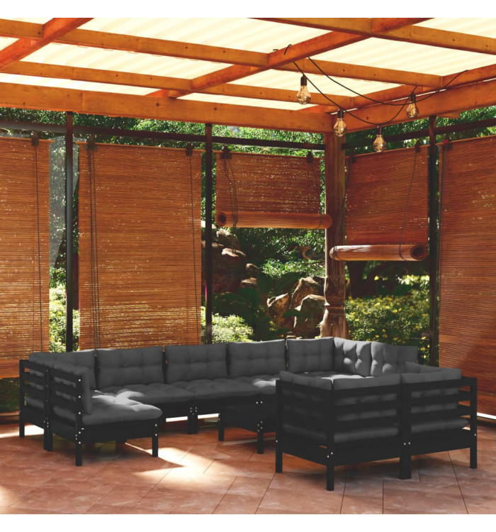 Salon de jardin 10 pcs avec coussins Noir Bois de pin massif | Mobilier & Déco