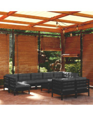 Salon de jardin 10 pcs avec coussins Noir Bois de pin massif | Mobilier & Déco