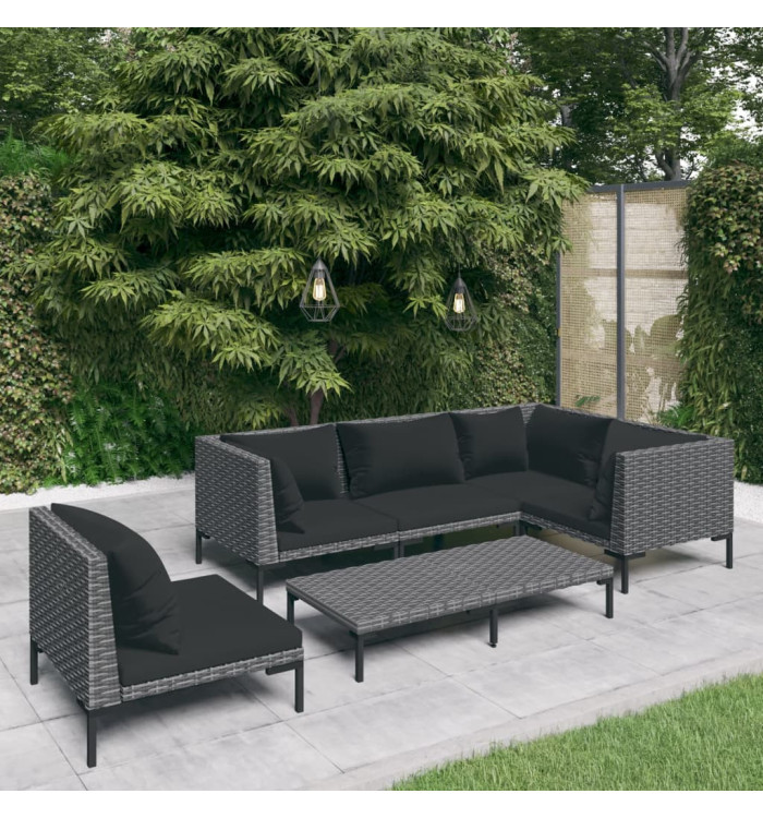 Salon de jardin 6 pcs avec coussins Résine tressée Gris foncé | Mobilier & Déco