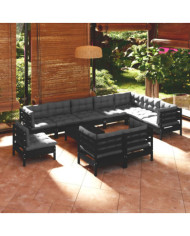 Salon de jardin 11 pcs avec coussins Noir Bois de pin solide | Mobilier & Déco