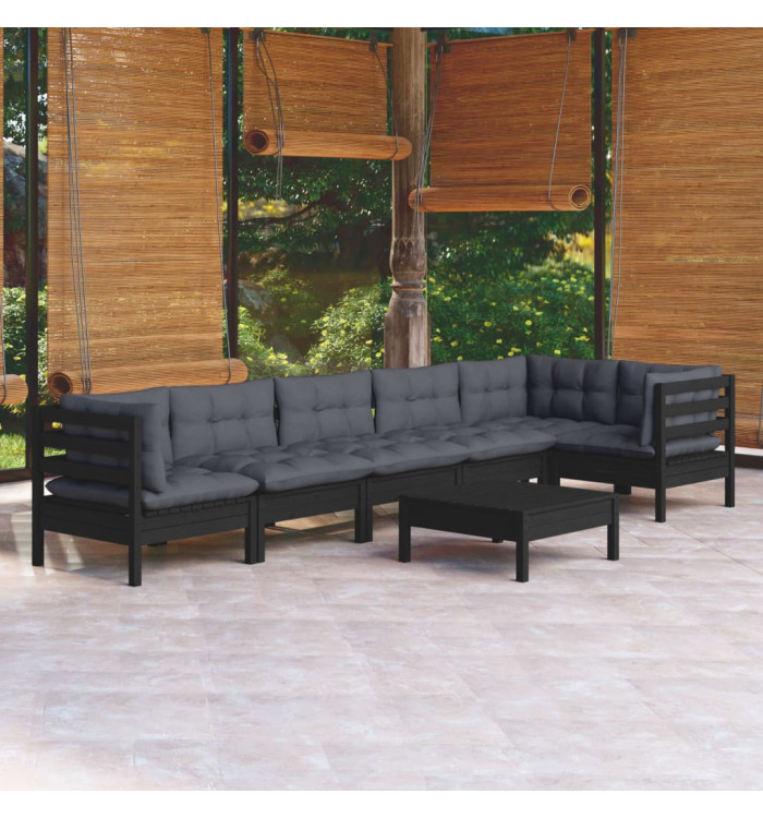 Salon de jardin 7 pcs avec coussins Noir Bois de pin | Mobilier & Déco