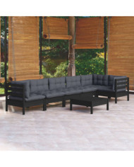 Salon de jardin 7 pcs avec coussins Noir Bois de pin | Mobilier & Déco
