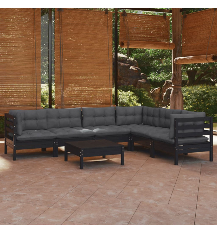Salon de jardin 7 pcs avec coussins Noir Bois de pin massif | Mobilier & Déco