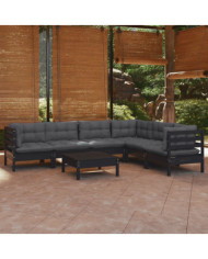 Salon de jardin 7 pcs avec coussins Noir Bois de pin massif | Mobilier & Déco