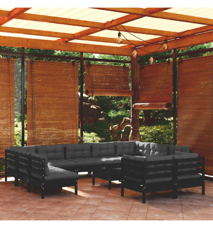 Salon de jardin 12 pcs avec coussins Noir Bois de pin solide | Mobilier & Déco
