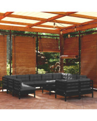 Salon de jardin 12 pcs avec coussins Noir Bois de pin solide | Mobilier & Déco