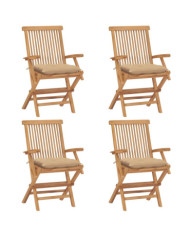 Chaises de jardin et coussins beige lot de 4 Bois teck massif | Mobilier & Déco