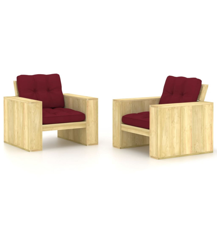 Chaises de jardin lot de 2 et coussins bordeaux Pin imprégné | Mobilier & Déco