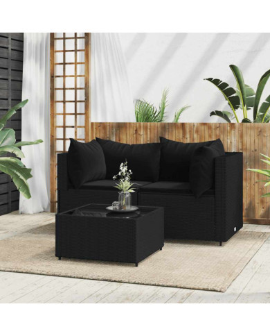 Salon de jardin 3 pcs avec coussins Noir Résine tressée | Mobilier & Déco
