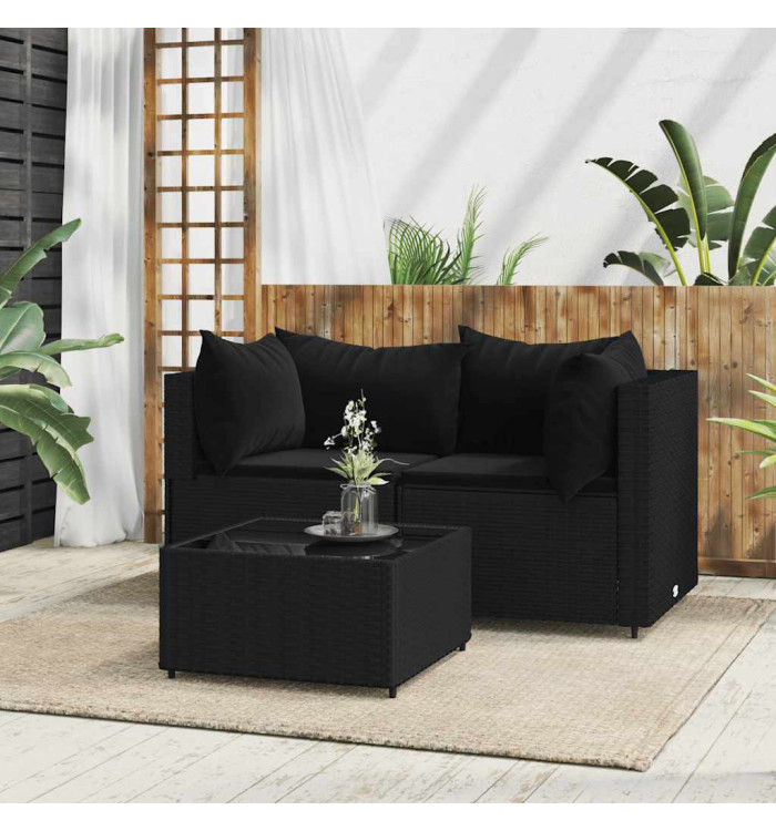 Salon de jardin 3 pcs avec coussins Noir Résine tressée | Mobilier & Déco