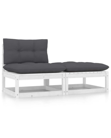 Salon de jardin 2 pcs avec coussins Blanc Bois de pin massif | Mobilier & Déco