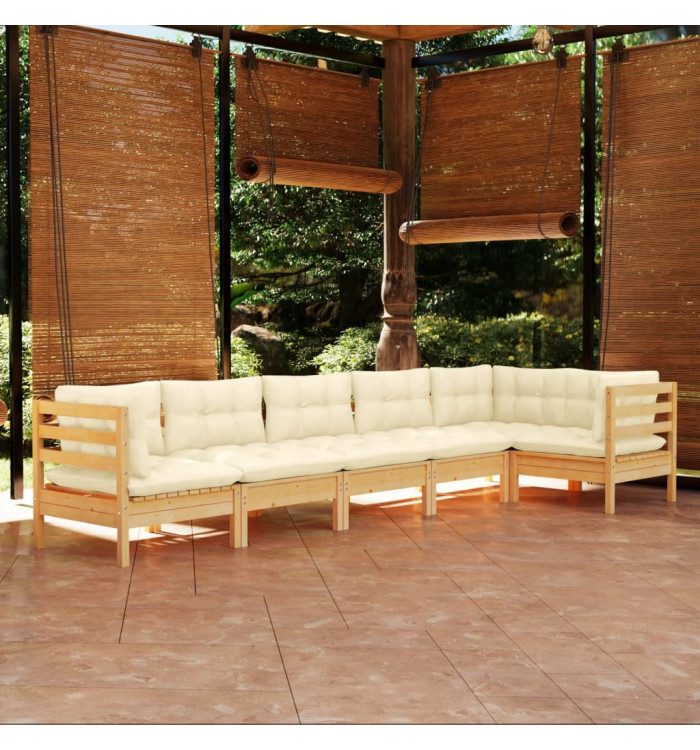 Salon de jardin 6 pcs avec coussins crème bois de pin | Mobilier & Déco