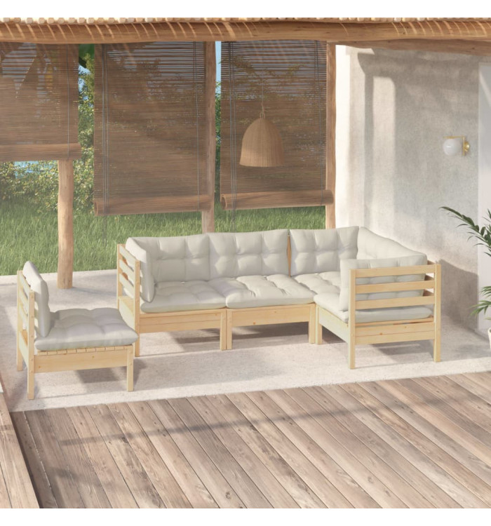 Salon de jardin 5 pcs avec coussins crème bois de pin | Mobilier & Déco