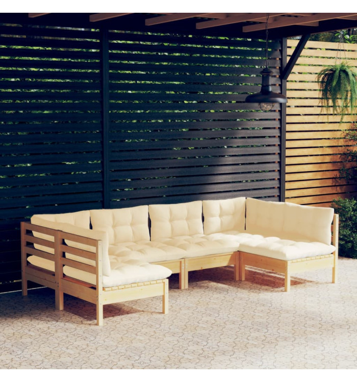 Salon de jardin 6 pcs avec coussins crème Bois de pin massif | Mobilier & Déco