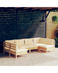 Salon de jardin 6 pcs avec coussins crème Bois de pin massif | Mobilier & Déco