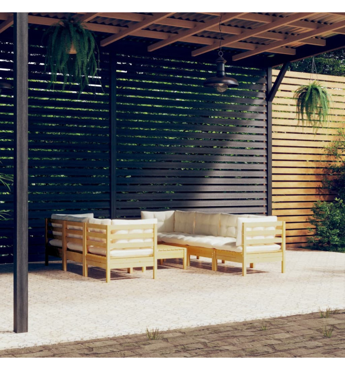 Salon de jardin 8 pcs avec coussins crème Bois de pin massif | Mobilier & Déco