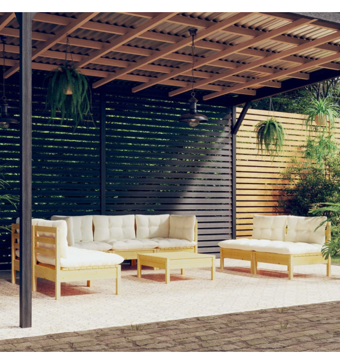 Salon de jardin 8 pcs avec coussins crème Bois de pin massif | Mobilier & Déco
