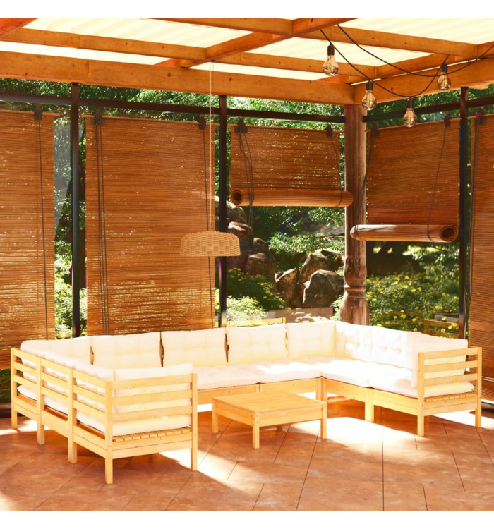 Salon de jardin 10 pcs avec coussins crème Bois de pin | Mobilier & Déco