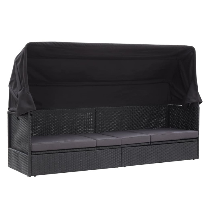 Lit-canapé d'extérieur avec auvent Résine tressée Noir | Mobilier & Déco