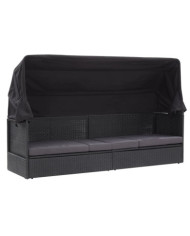 Lit-canapé d'extérieur avec auvent Résine tressée Noir | Mobilier & Déco