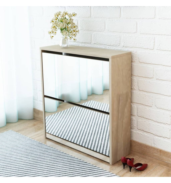 Meuble à chaussures 2 étages avec miroir 63x17x67 cm Chêne | Mobilier & Déco